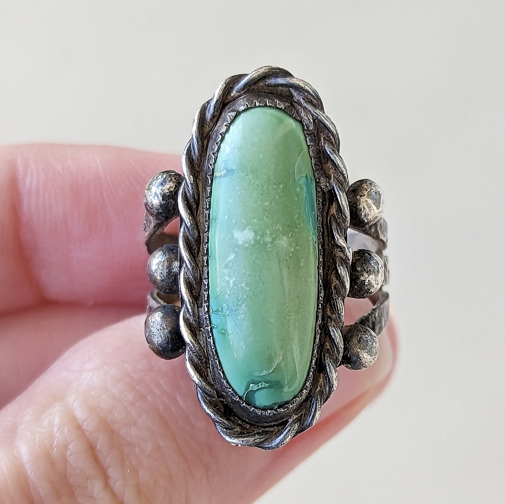 Vintage sterling silver 925 oval green stone rope ring southwest native - Picture 3 of 8